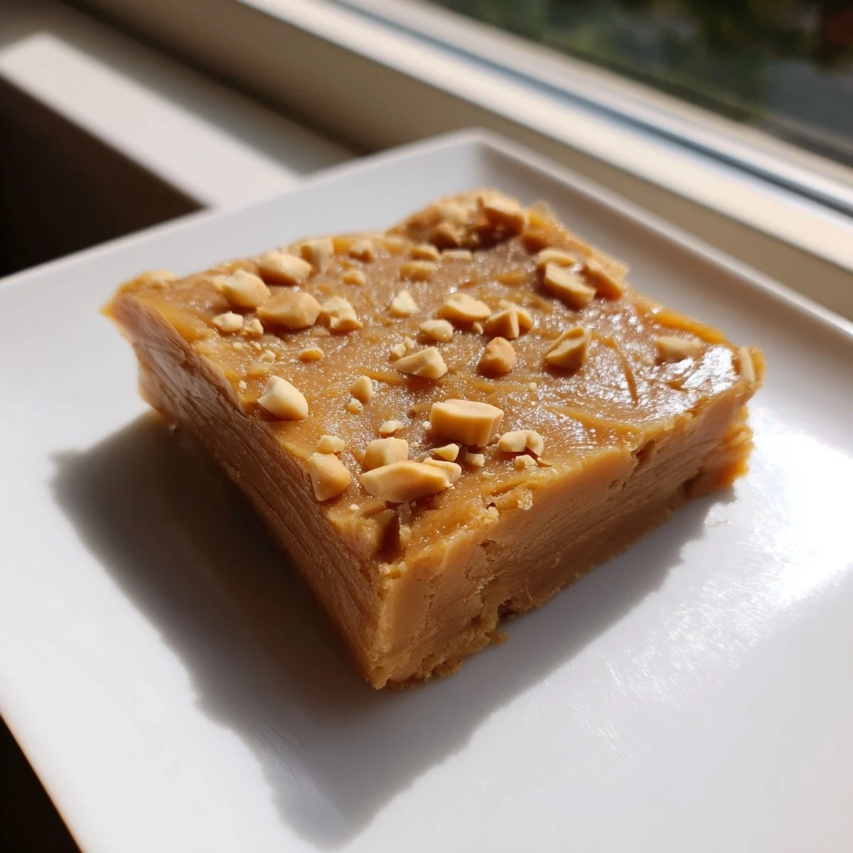 Golden brown Peanut Butter Mochi Cake, a chewy dessert with creamy peanut butter flavor, ready to slice.