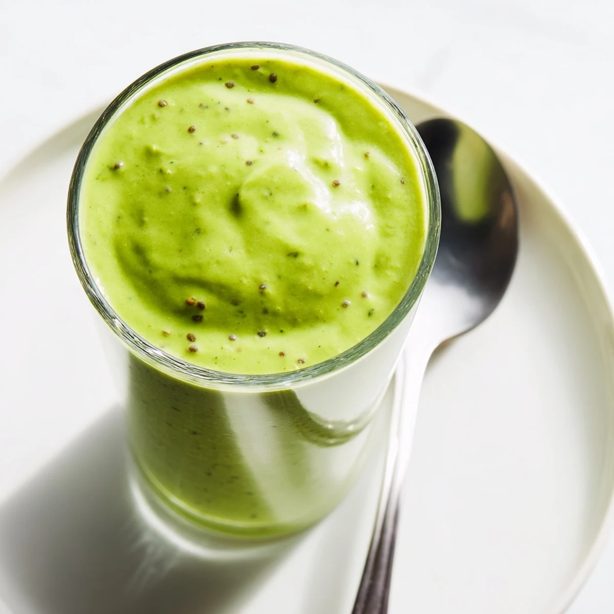 Creamy Spinach Avocado Smoothie, a vibrant green drink, ready for a refreshing breakfast.