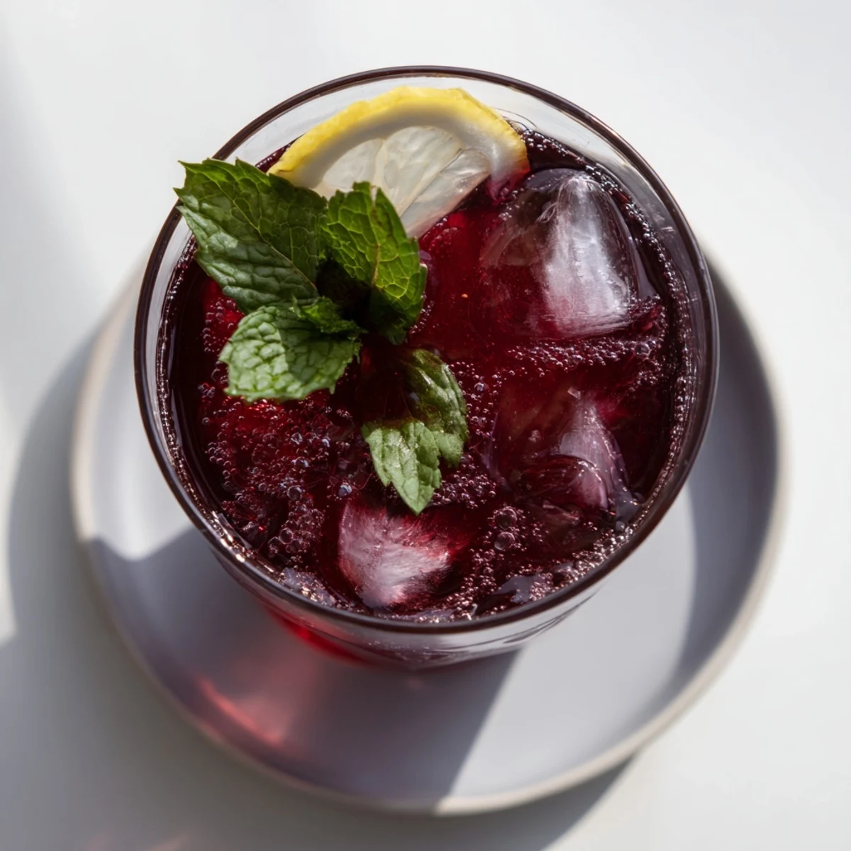 A tall glass of Sleepy Girl Cherry Mocktail, garnished with mint and lemon, sparkling beautifully.