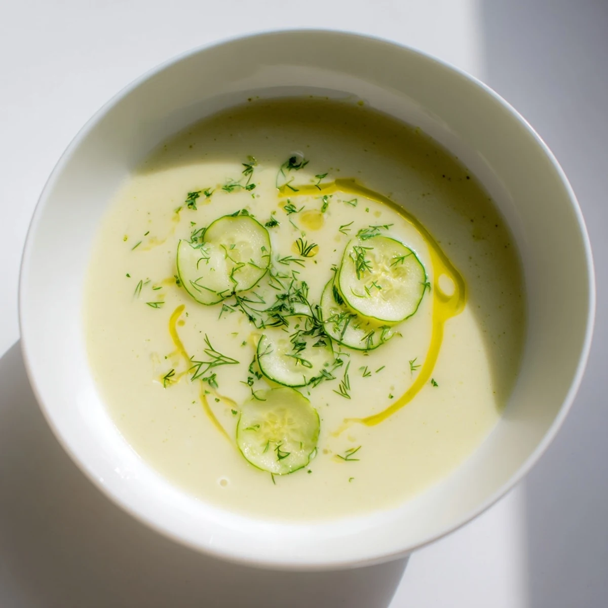 Creamy chilled cucumber garlic soup garnished with fresh dill and cucumber slices, ready to enjoy.