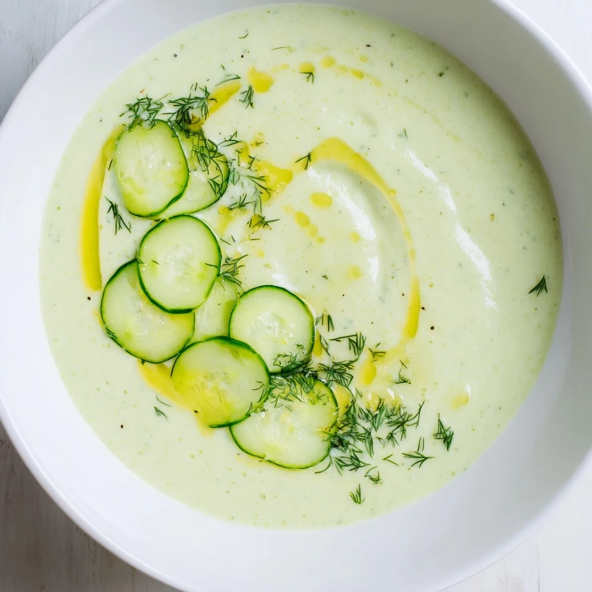 A vibrant bowl of chilled cucumber garlic soup, blended until smooth and ready to refresh.