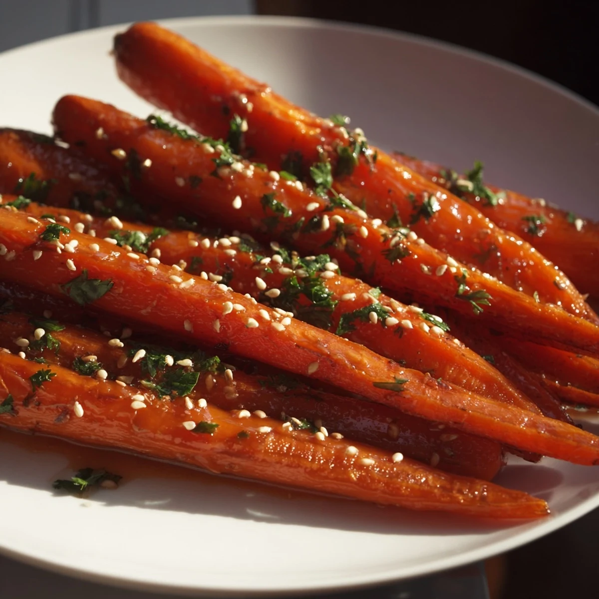 Golden maple mustard roasted carrots glistening with the tangy glaze, ready to serve warm.