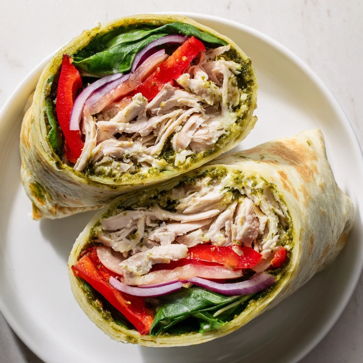 A delicious close-up of a flavorful pesto chicken wrap, ready to enjoy with a satisfying bite.