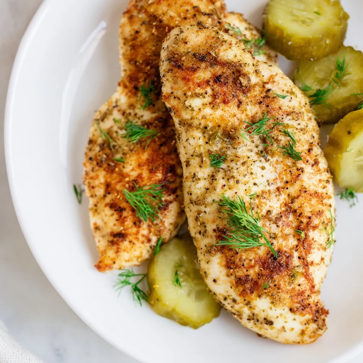 Golden-brown Pickle Ranch Chicken, juicy and tender, ready to serve with fresh dill and pickles.