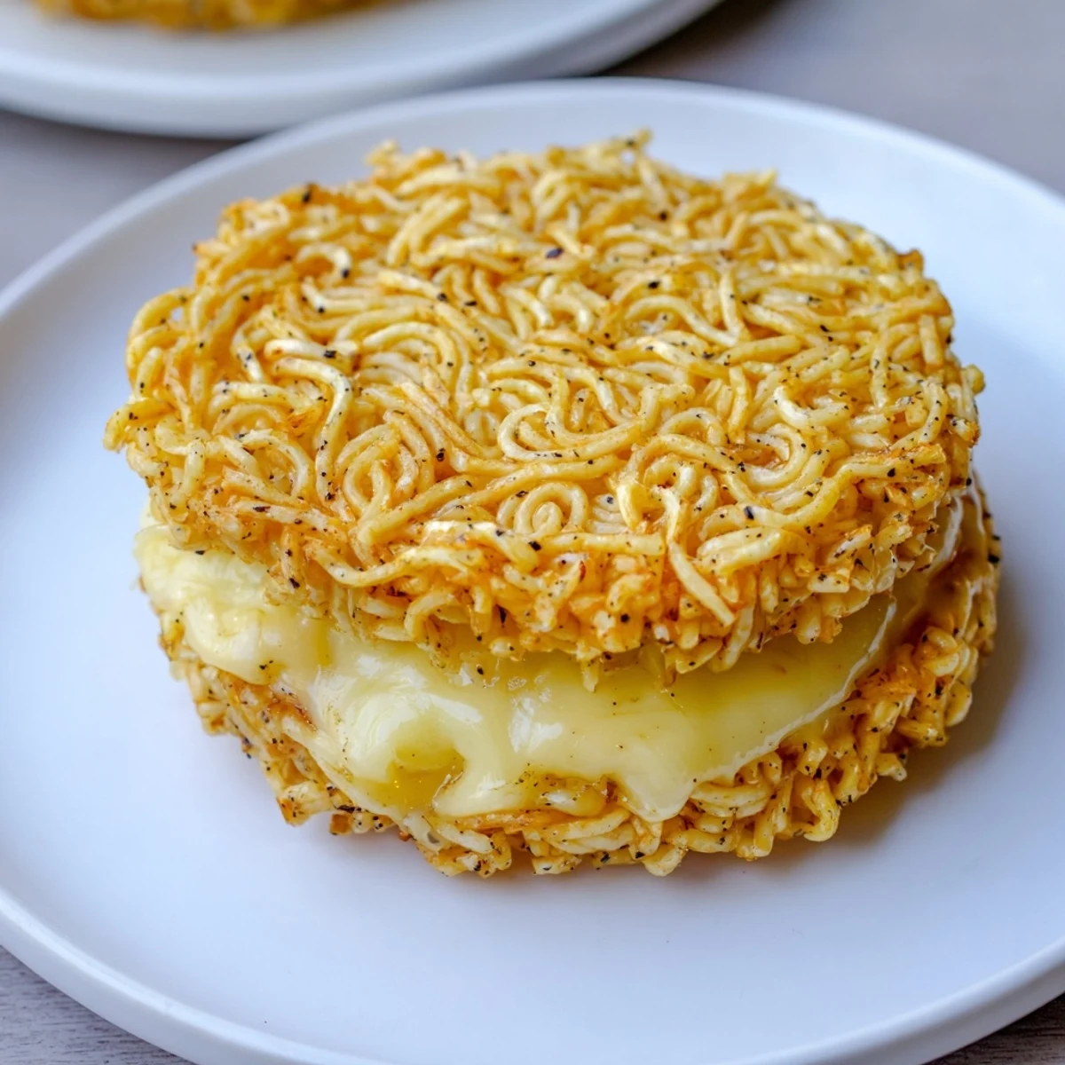 Golden, crispy ramen noodle buns cradle melty cheddar and mozzarella in this ramen grilled cheese.