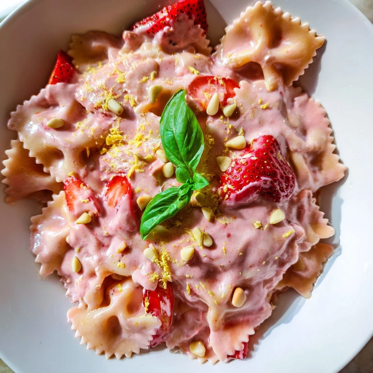 Freshly made Strawberry Sour Cream Pasta, garnished with basil and pine nuts, a refreshing meal.
