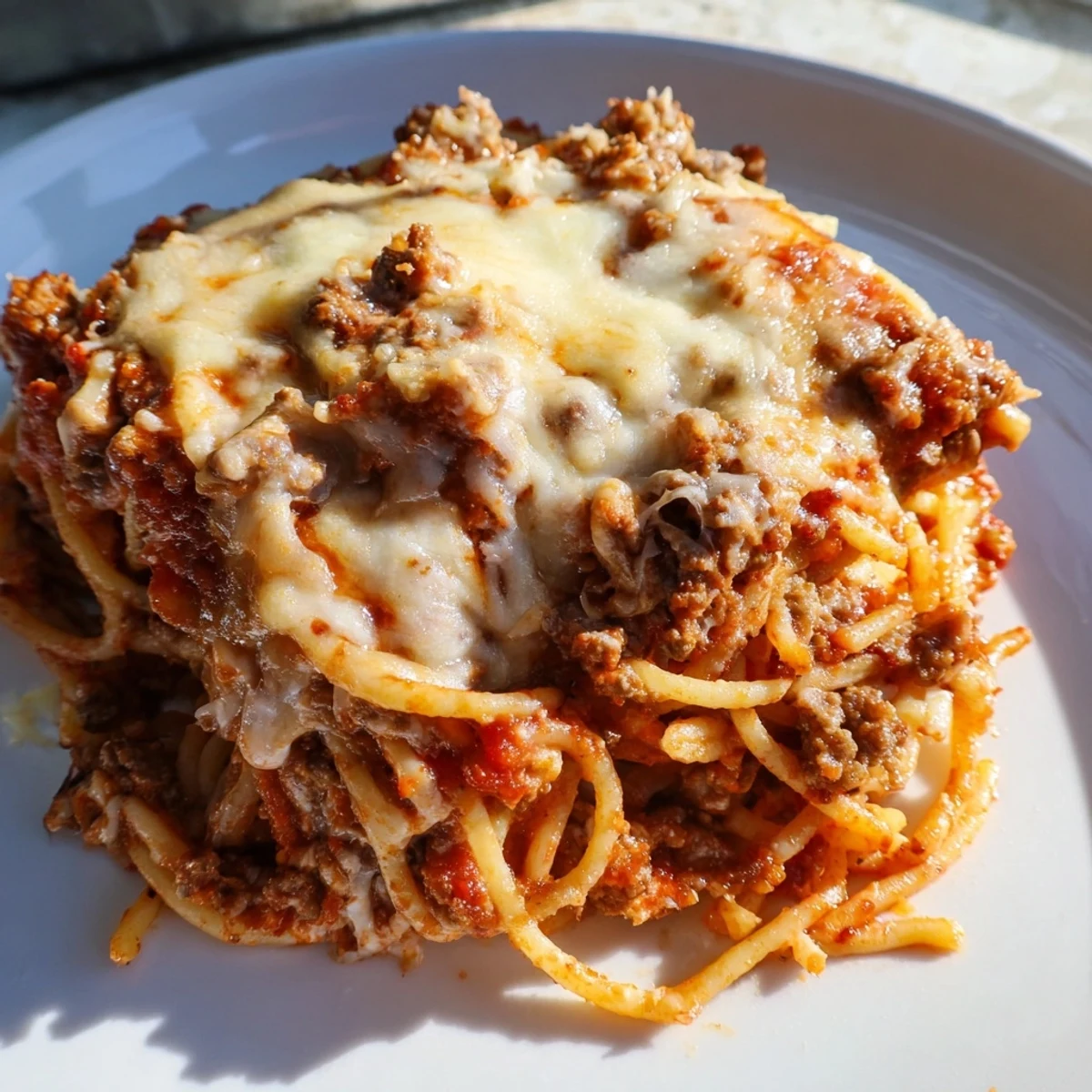 A bubbly, cheese-topped baking dish steaming with a comforting, layered Million Dollar Spaghetti casserole.