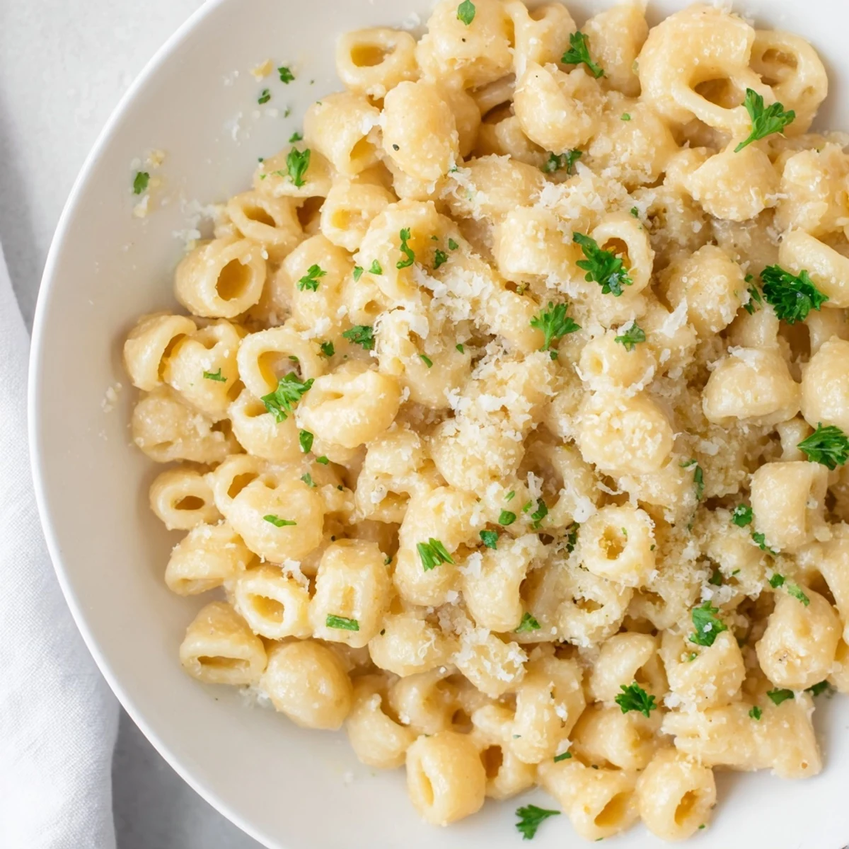 A close-up of ditalini pasta in a creamy, rich garlic sauce, ready to eat.