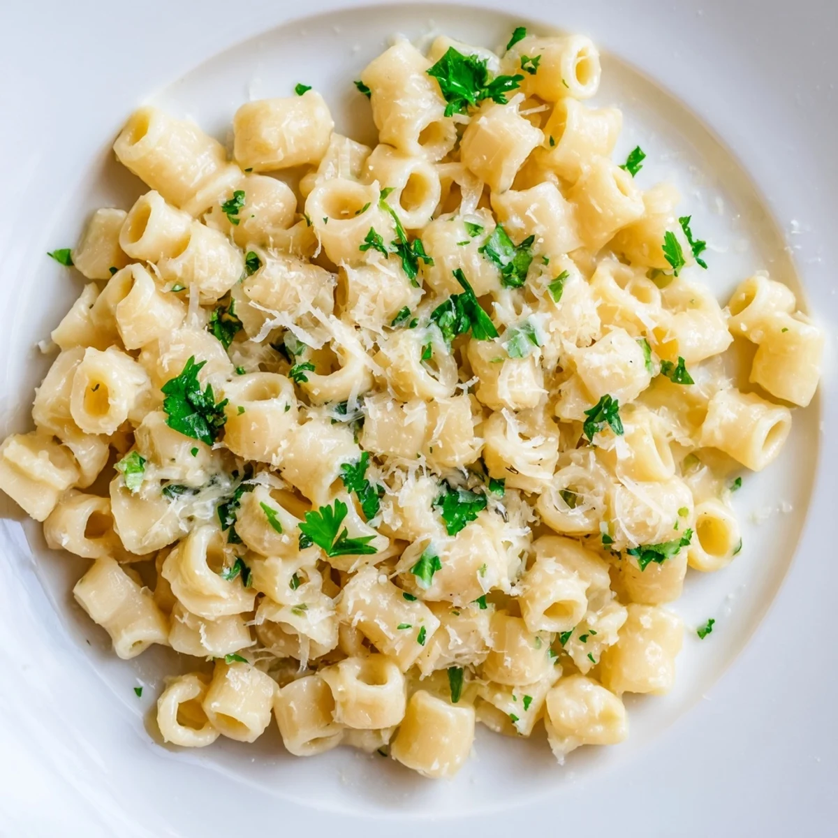 Golden-hued ditalini pasta, infused with garlic and Parmesan, a delicious and easy Italian dinner.