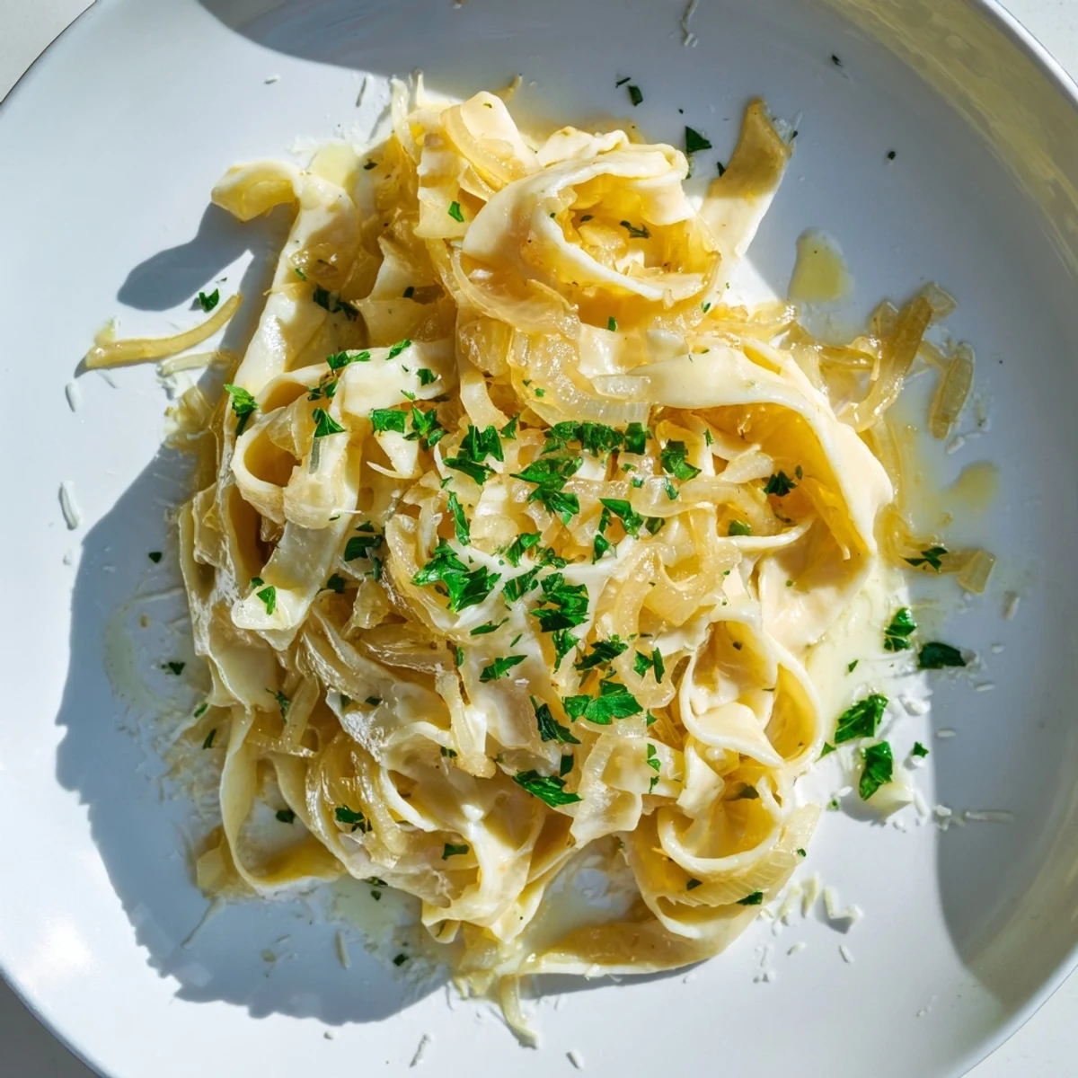 A bubbling skillet of One-Pot French Onion Pasta, showing the creamy cheese over cooked fettuccine.
