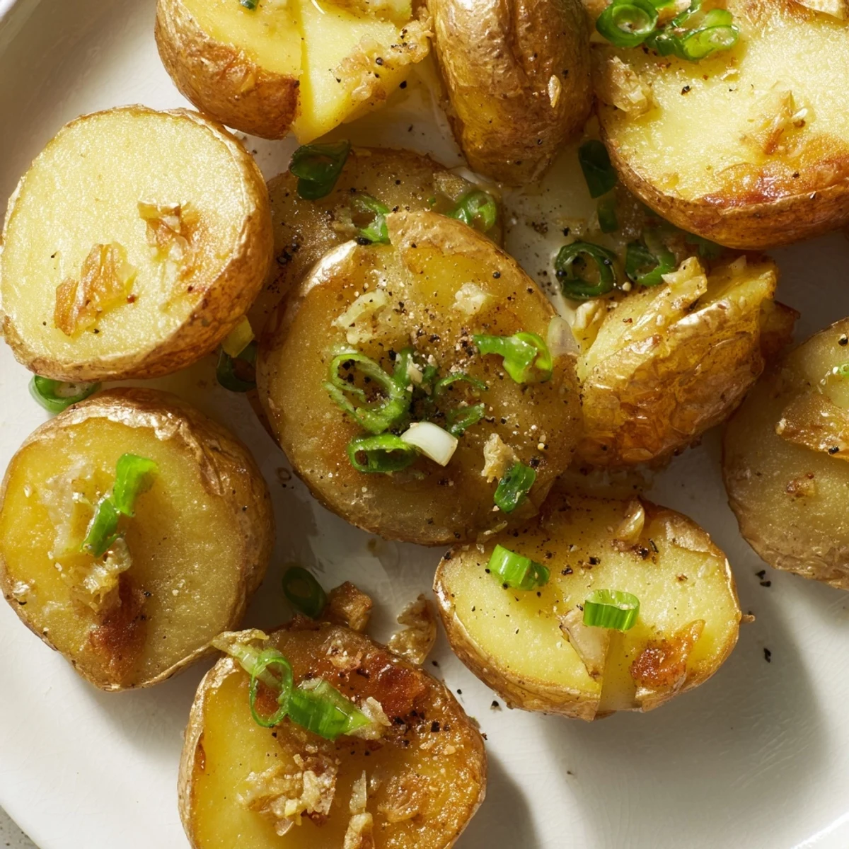 Rustic Smashed Green Onion Potato Bombs glistening with scallion oil, ready to serve, a vegetarian delight.