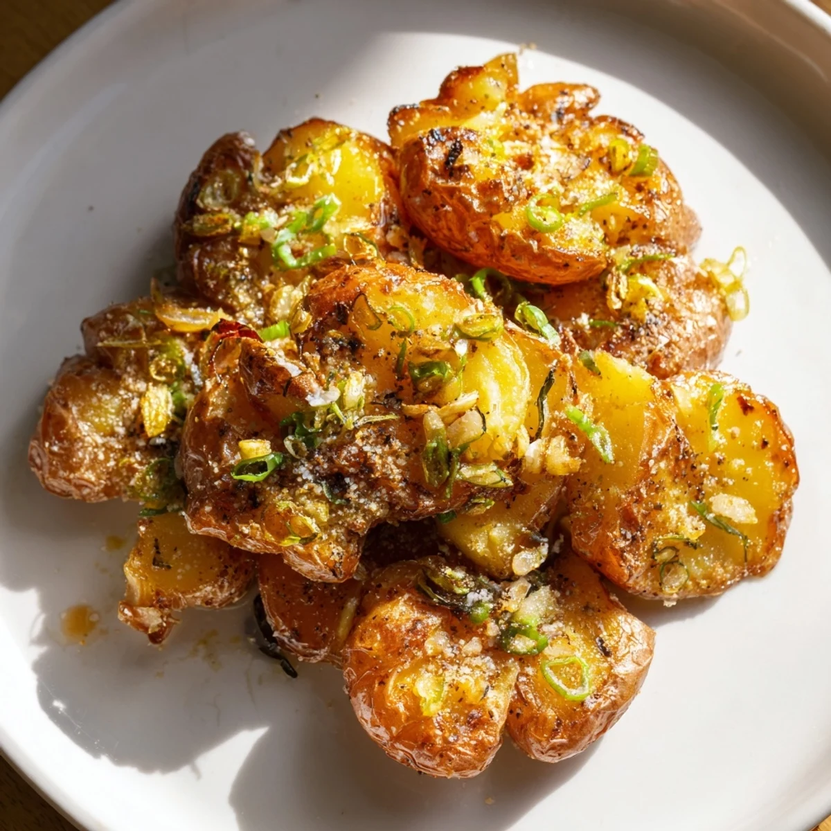 Close-up of crispy Smashed Green Onion Potato Bombs, flaky salt, a delicious modern American appetizer.