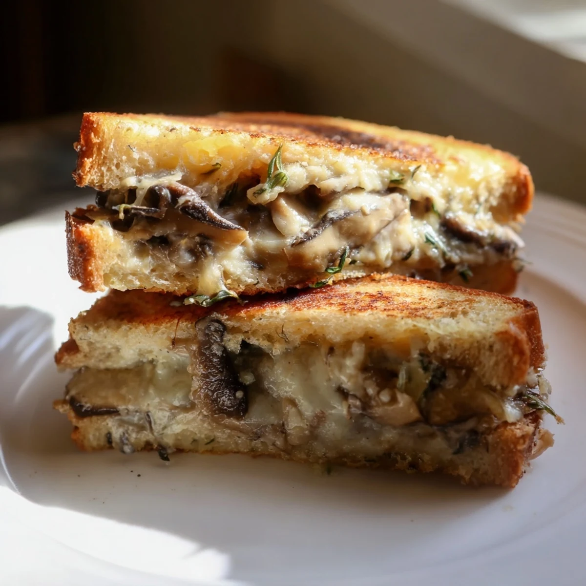 Crispy sourdough slices encase rich Creamy Mushroom Grilled Cheese, with a delightful filling of mushrooms and melted Swiss cheese.