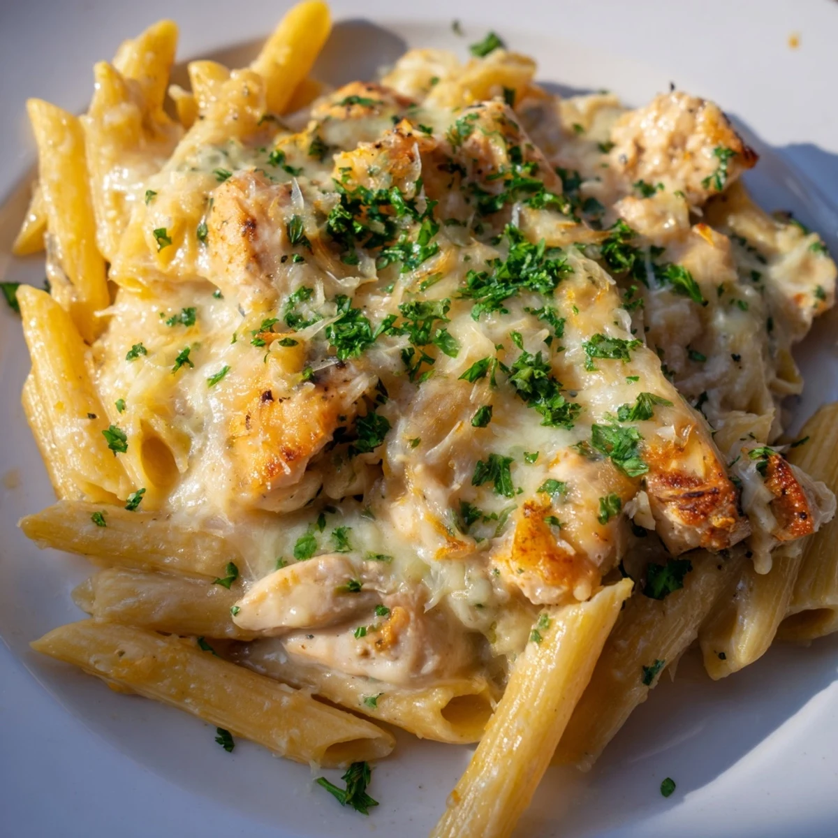 Golden, bubbly Chicken Alfredo Bake with tender chicken and creamy sauce, perfect for dinner.