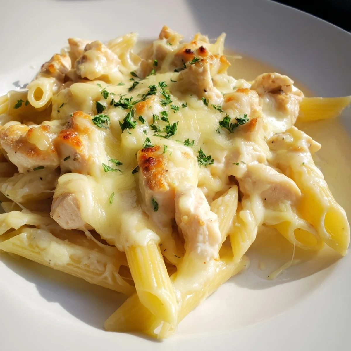 Close-up of a steaming Chicken Alfredo Bake, showing melted cheese and bubbling pasta goodness.