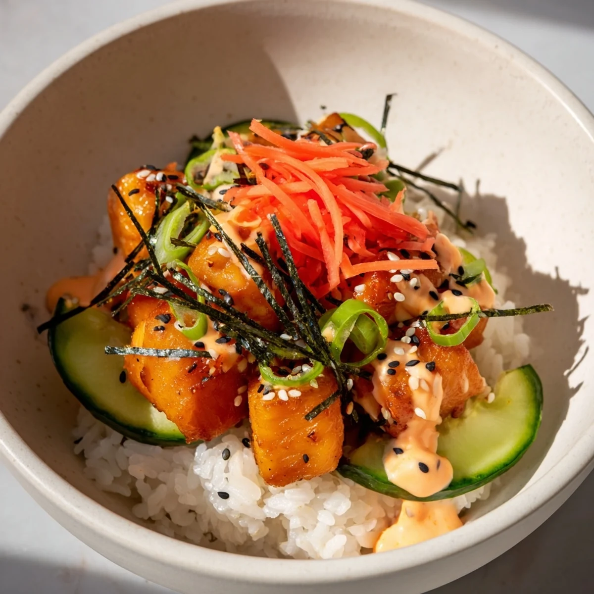 Vibrant salmon bites bowl, showcasing perfectly cooked salmon with fresh veggie toppings and creamy sauce.
