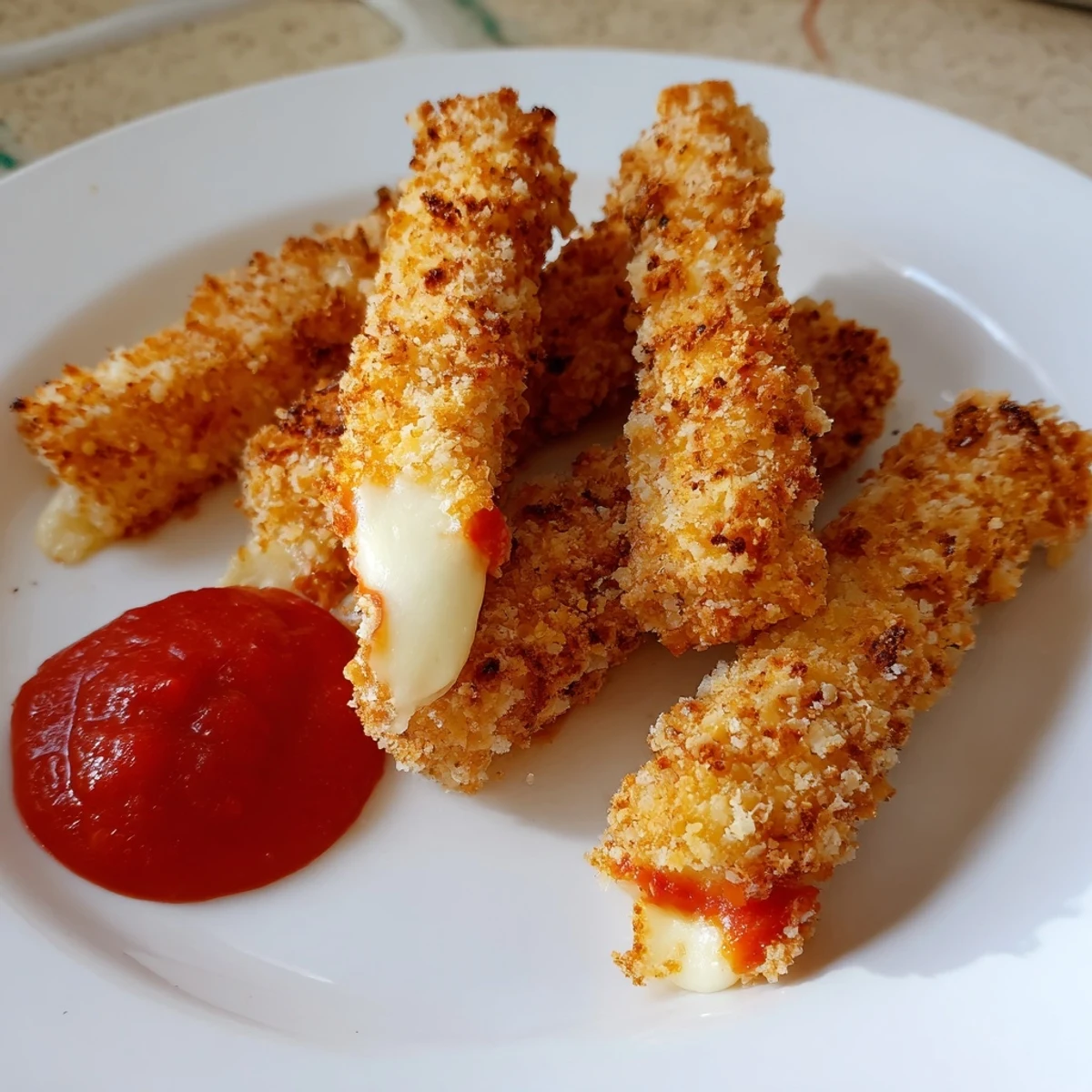 Golden air fryer mozzarella sticks, crispy with a melty cheese center, ready to dip in marinara.