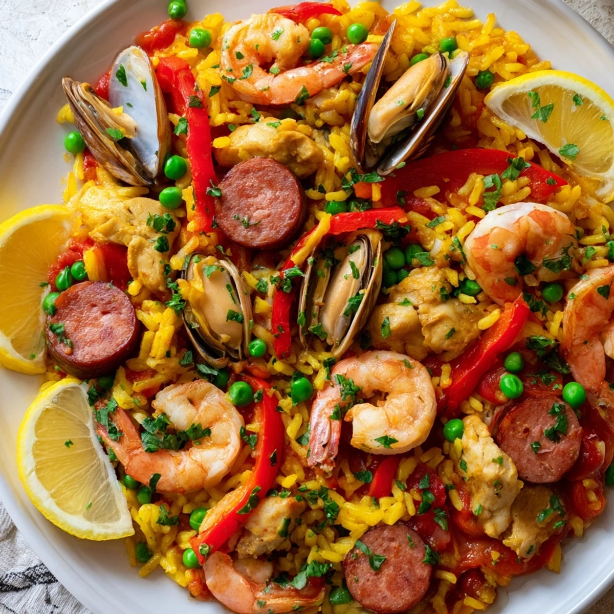 Fragrant saffron-infused Paella Spanish Rice with savory chorizo, seafood, and colorful bell peppers.