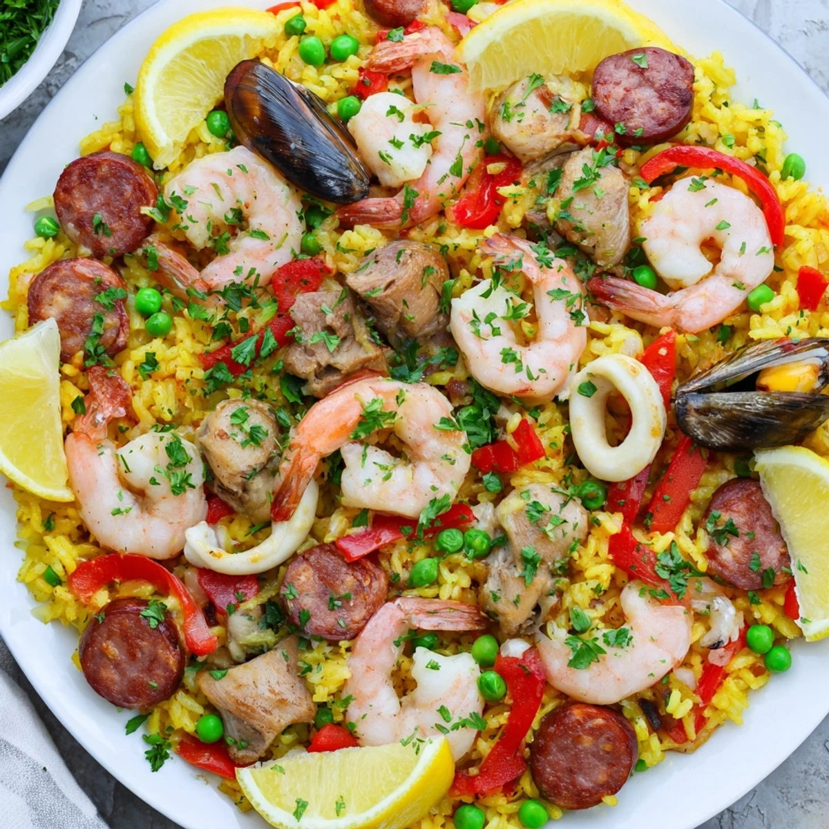 Golden rice simmered with shrimp and mussels in gorgeous Paella Spanish Rice; ideal for dinner.
