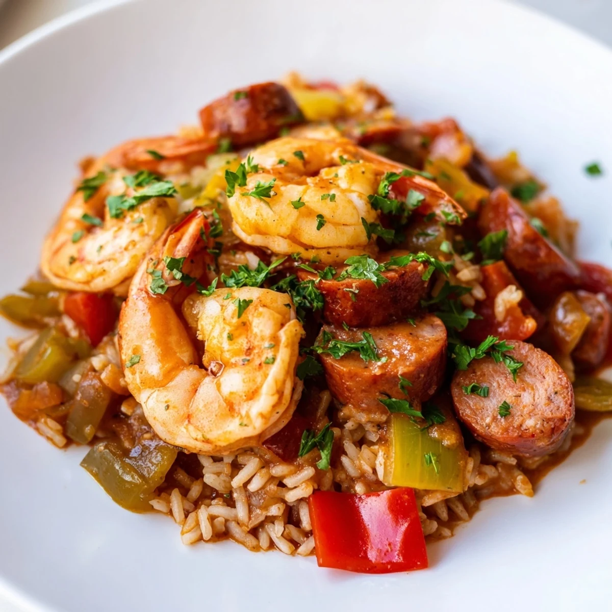 Close-up of a delicious and hearty jambalaya skillet, brimming with flavorful spices and fresh parsley garnish.