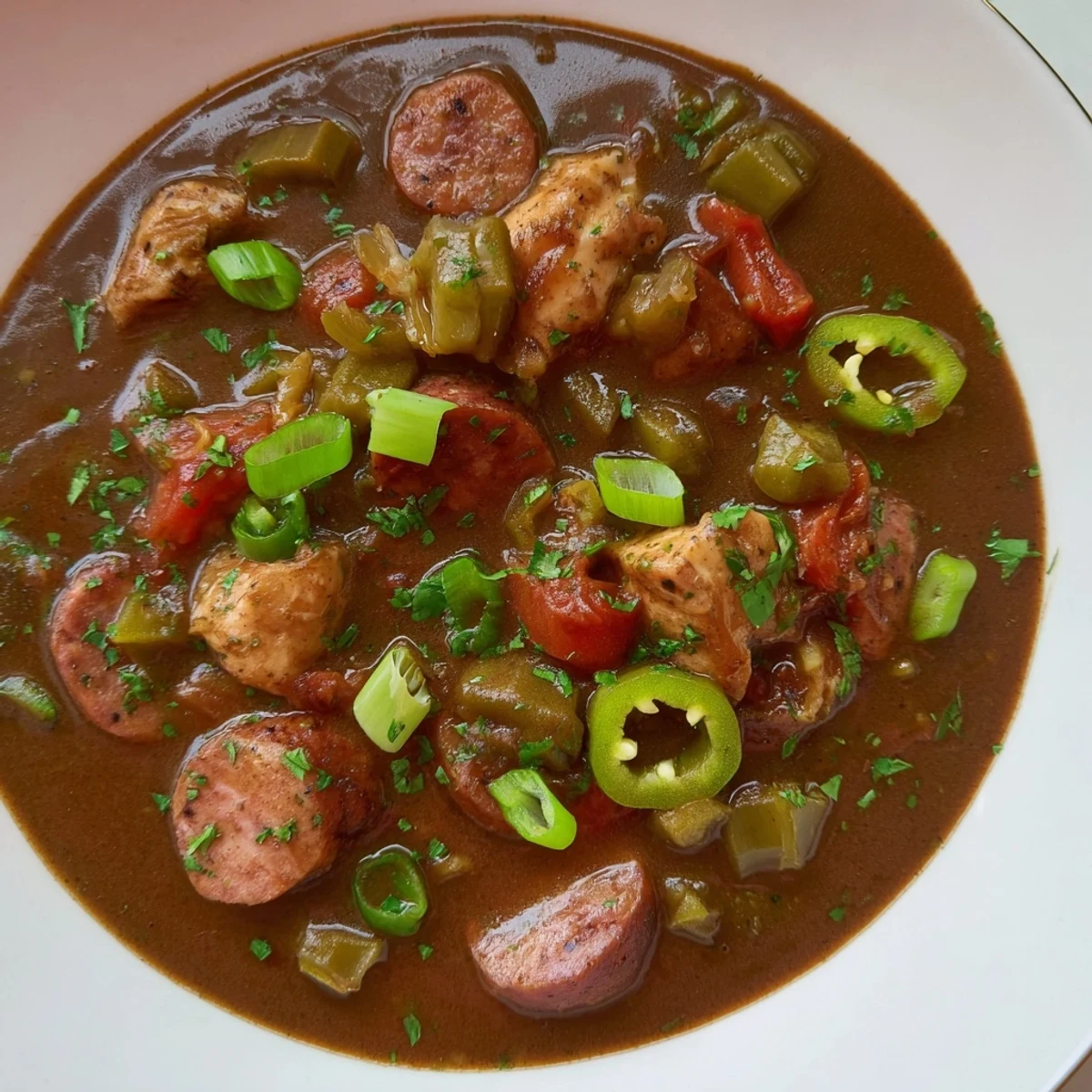 Close-up of a dark, rich Gumbo Okra Soup, showcasing the tender chicken and sausage.