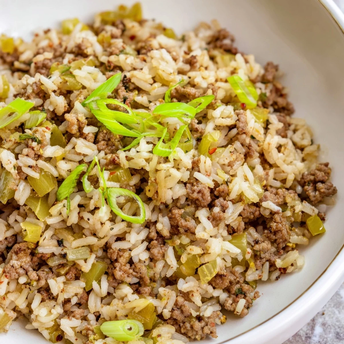 Steaming, savory Cajun Dirty Rice topped with fresh green onions; a Southern comfort food classic.