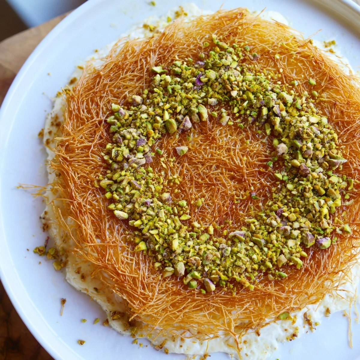 Golden, bubbly Lebanese Knafeh cheese, a sweet dessert, drizzled with fragrant syrup and pistachios.