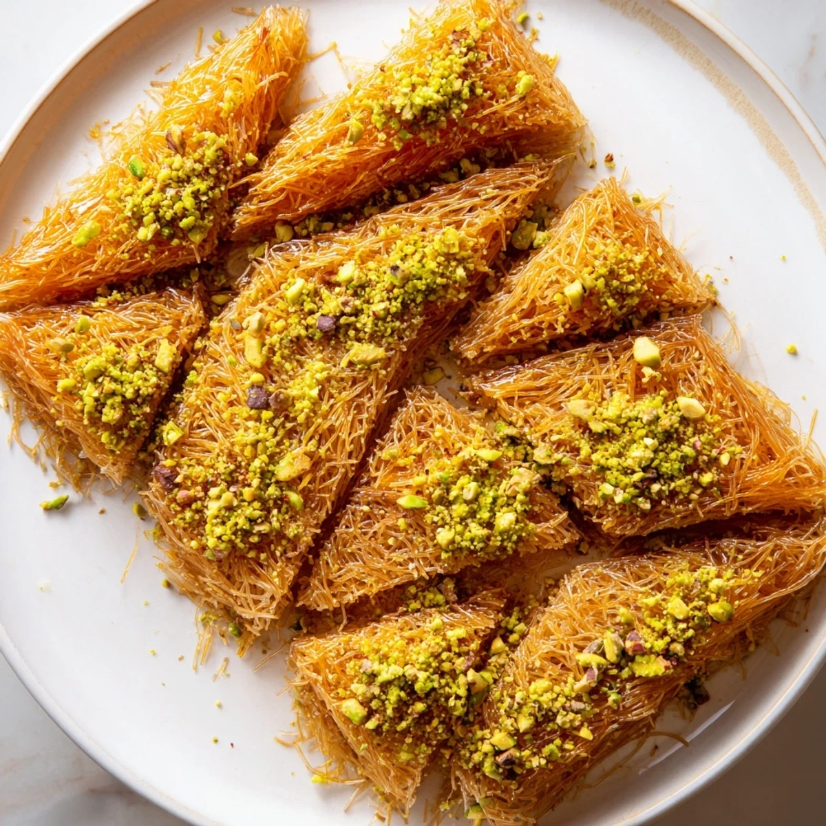 Golden, crispy Egyptian konafa dessert, featuring layered shredded pastry, nuts, and sweet syrup.