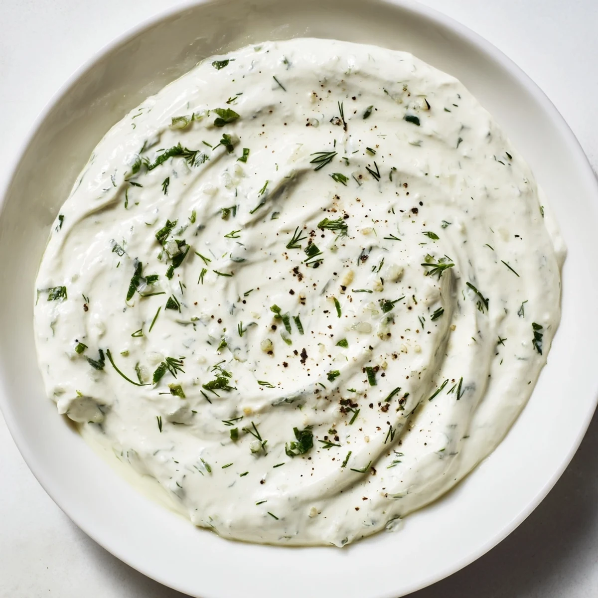 A close-up view of creamy Greek Yogurt Herb Dip, seasoned with garlic, lemon, ready to eat.