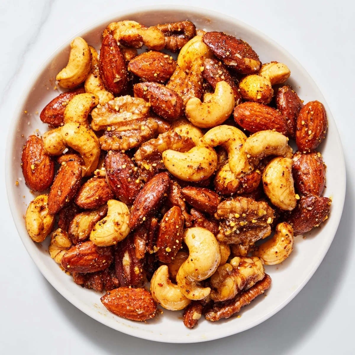 Golden brown spiced nuts mix, a delicious blend of roasted almonds, cashews, and pecans.