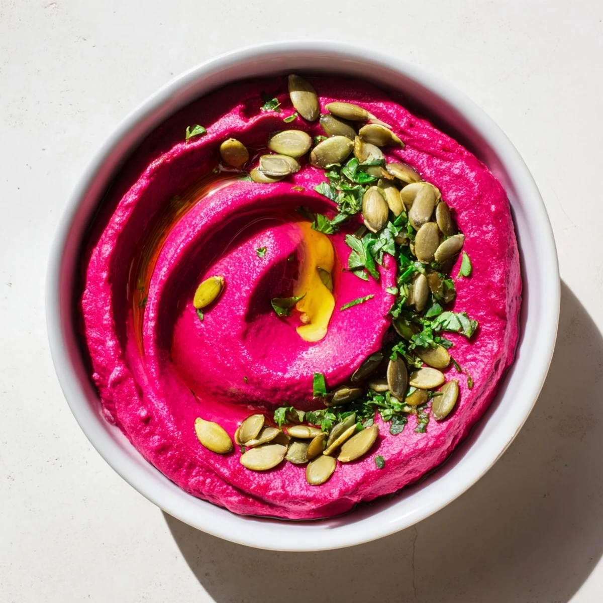 Vibrant Beet Hummus swirled and garnished, promising a delicious, colorful, and healthy appetizer made from roasted beets.