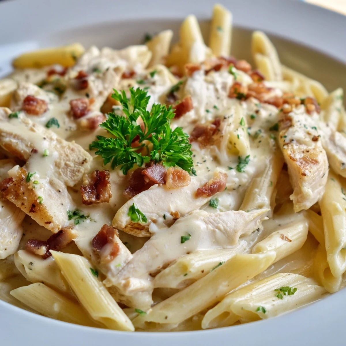 A close-up of creamy chicken bacon penne on a plate, ready for a quick weeknight Italian-American family dinner.