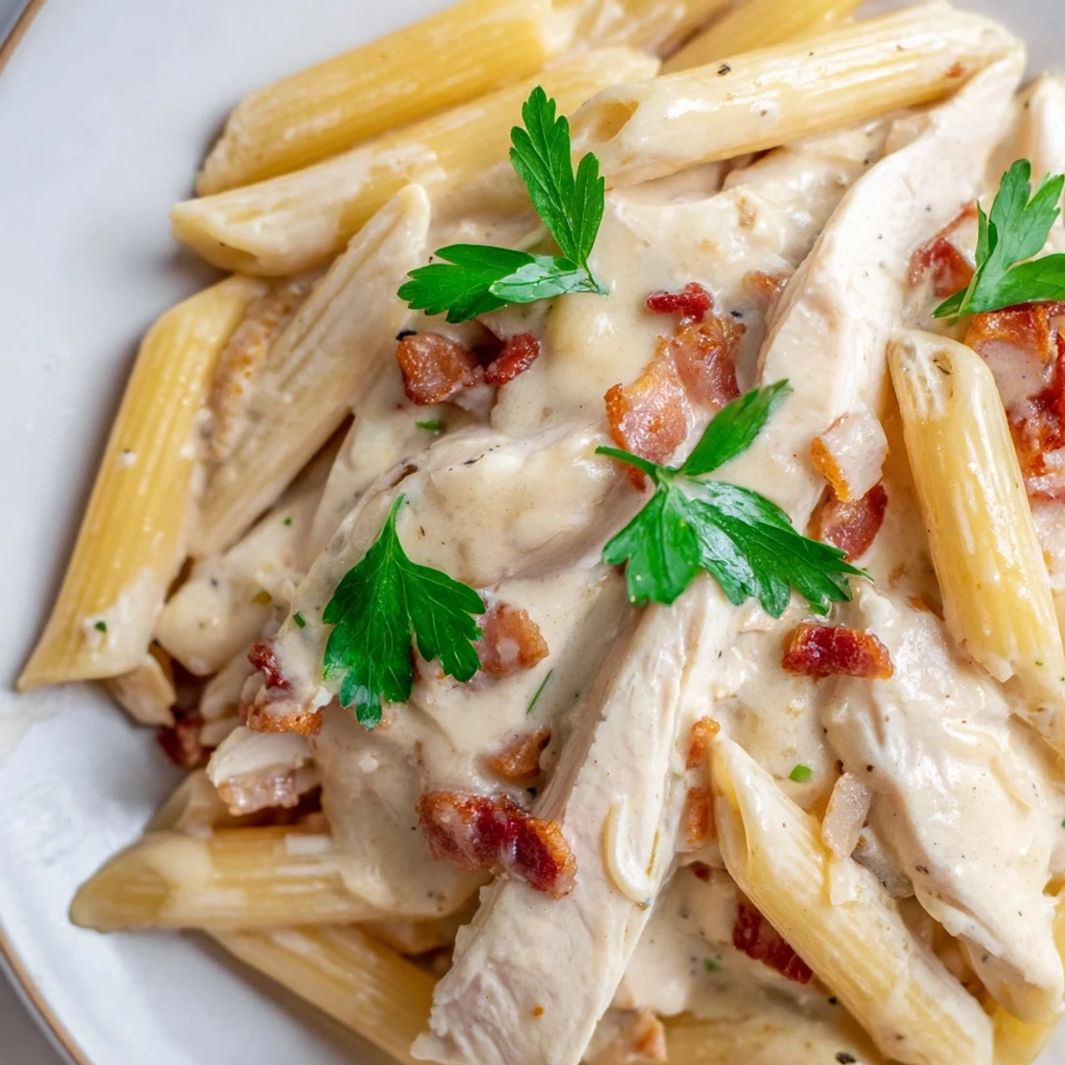 This easy skillet dinner features crispy bacon, tender chicken, and al dente penne in a luscious cream sauce.  