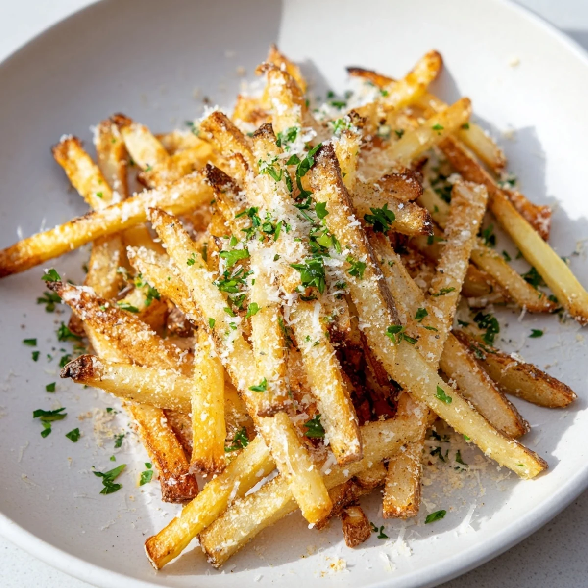 A close-up of Truffle Parmesan Fries showing crunchy texture, drizzled with oil and parsley, perfect for snacking.