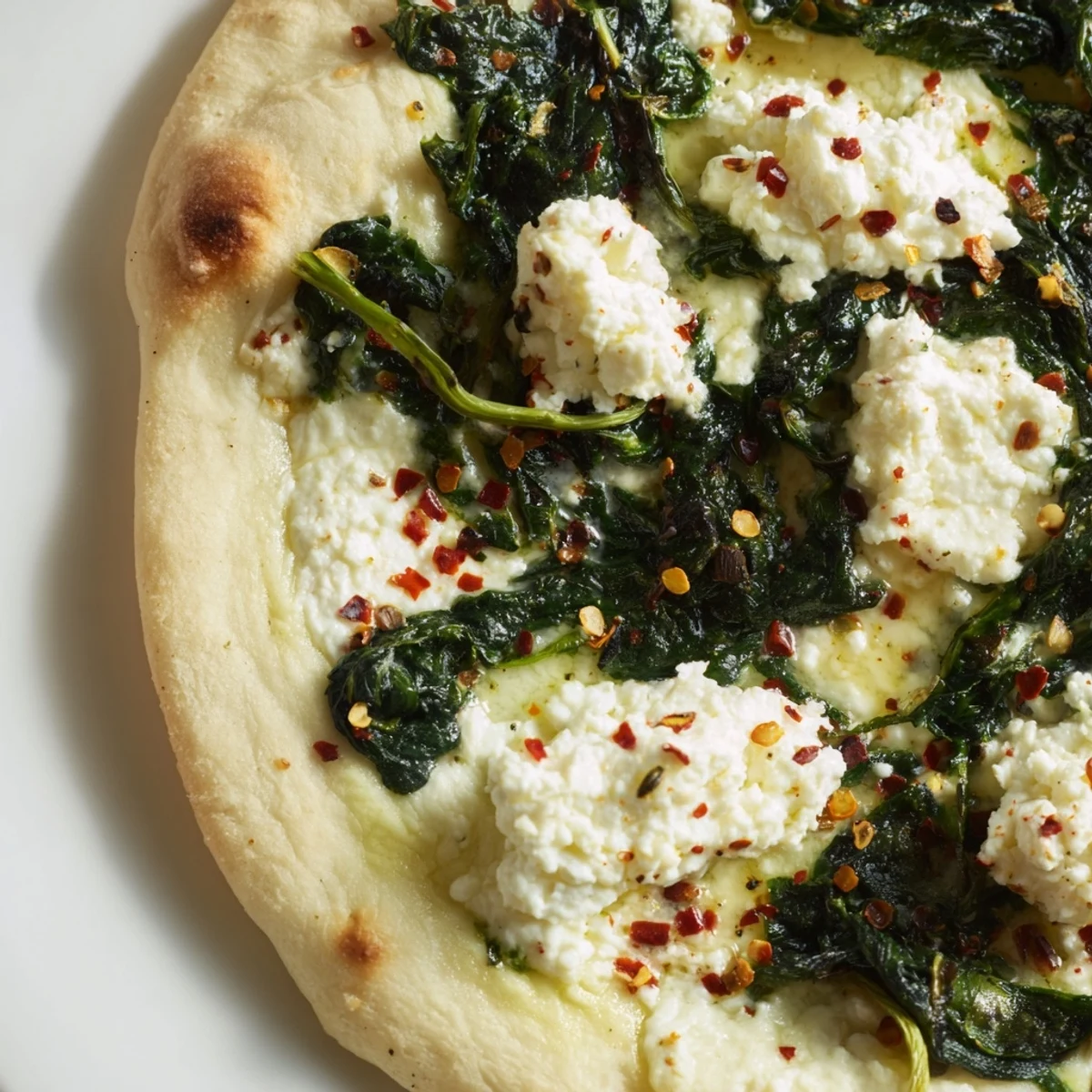 Freshly baked Spinach Ricotta Pizza with golden crust, bubbling cheeses, and sautéed spinach, served hot and ready to slice.