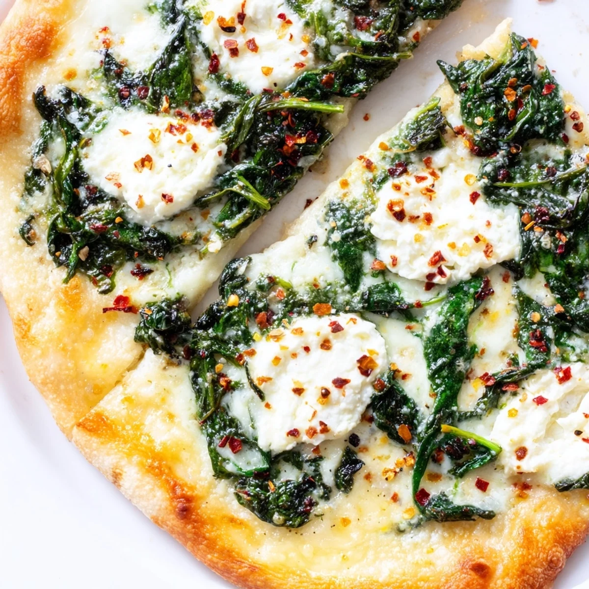 Spinach Ricotta Pizza topped with creamy ricotta, mozzarella, and garlicky spinach on a crisp, thin crust.