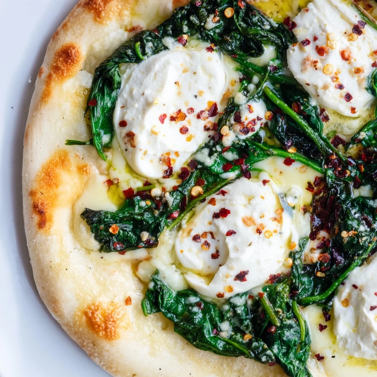 A golden-baked Spinach Ricotta Pizza cut into slices, revealing layers of cheese and spinach on garlic butter crust.