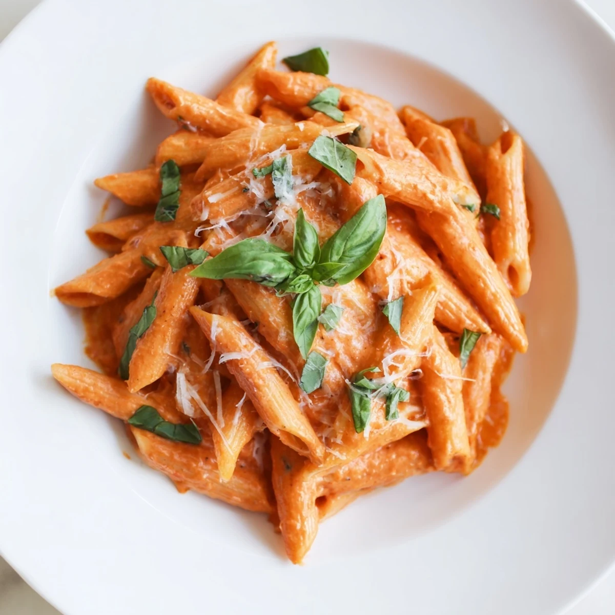 Creamy roasted red pepper pasta in a white bowl, garnished with fresh basil and grated Parmesan, ready to serve.