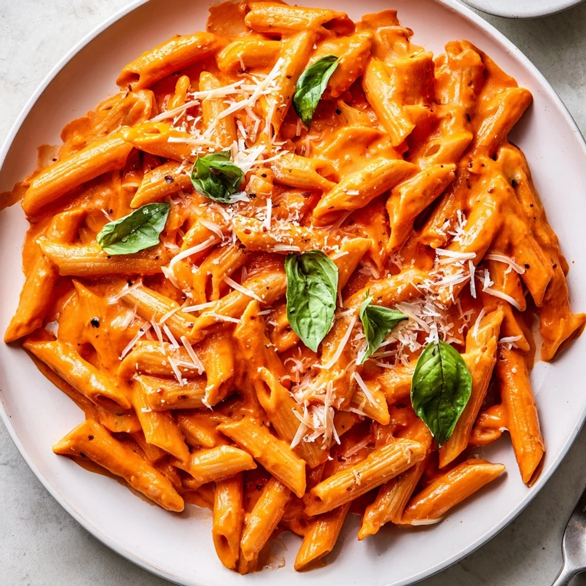 A skillet of roasted red pepper pasta simmering in a rich, garlicky cream sauce with vibrant red hues.