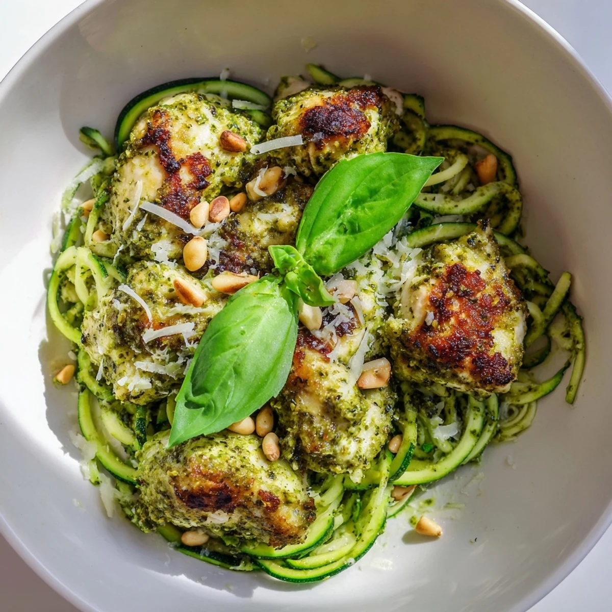 A vibrant bowl of Pesto Zucchini Chicken Bowl features golden sautéed chicken nestled among crisp zucchini noodles, topped with toasted pine nuts and fresh basil.