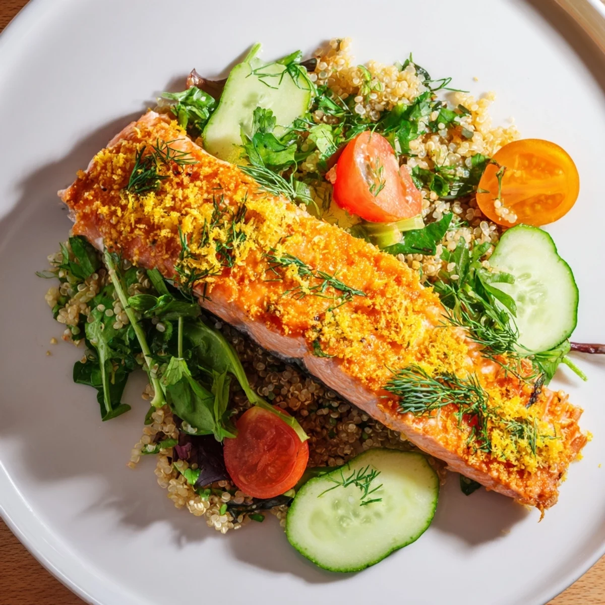 Hearty Lemon Herb Salmon Salad with quinoa, cherry tomatoes, and zesty citrus vinaigrette drizzle.  