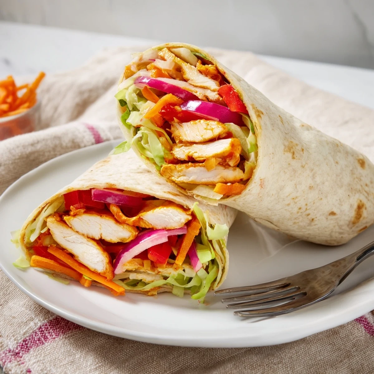 Close-up of a honey sriracha chicken wrap, sliced to reveal tender glazed chicken, crisp lettuce, and colorful bell peppers in a soft tortilla.  