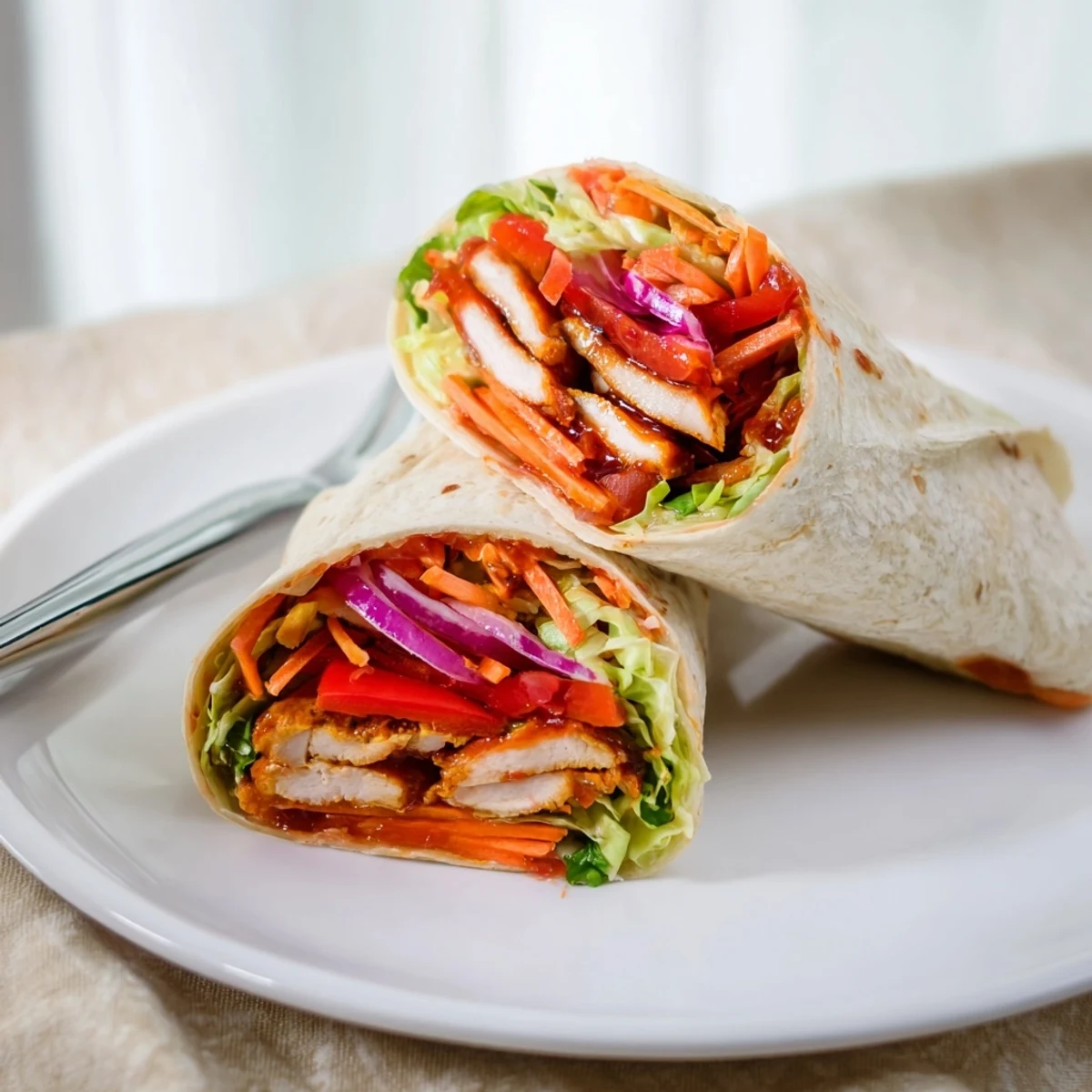Overhead view of a honey sriracha chicken wrap, rolled tight with julienned carrots and red onion peeking out from the golden-brown tortilla.