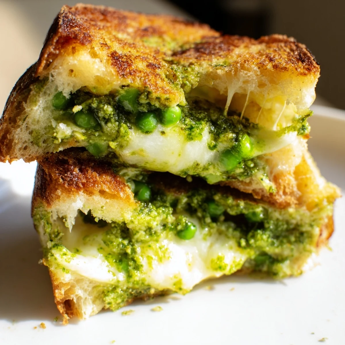 Grilled sourdough slices filled with melted mozzarella and vibrant green spring pea pesto, cut to show the melty, savory interior.