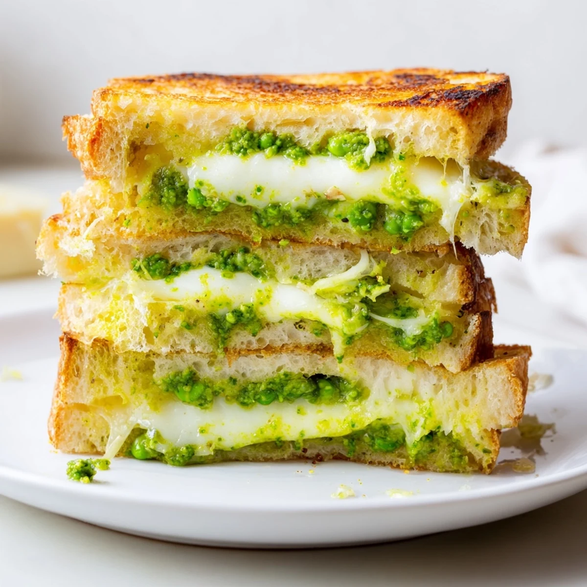 Golden, crispy Spring Pea Pesto Grilled Cheese sandwich on a plate, with melted mozzarella and a dollop of fresh pea pesto.