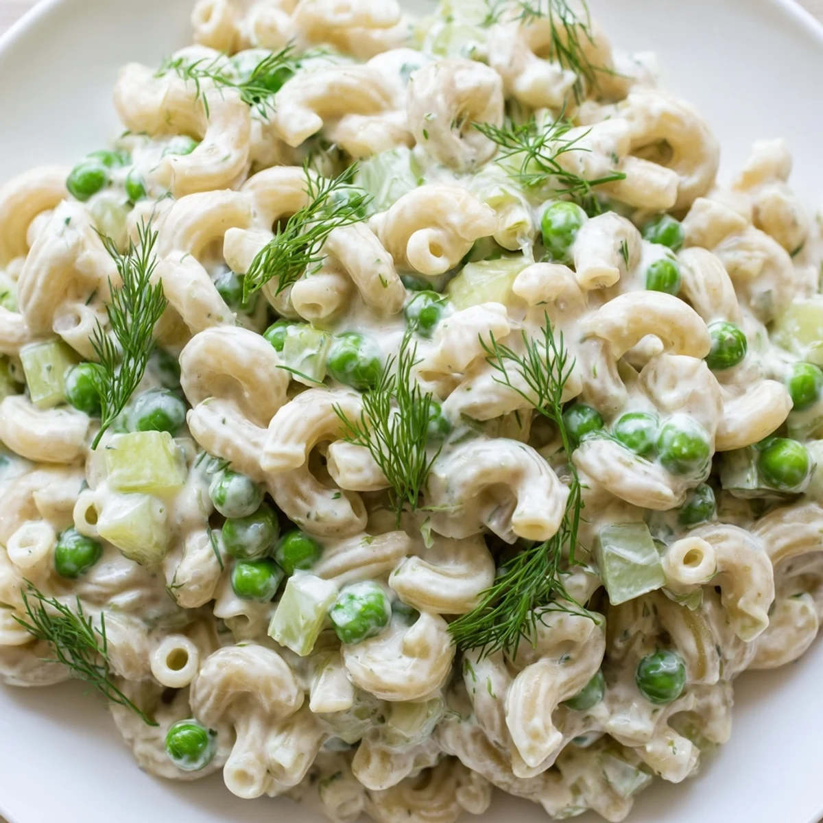 Creamy Dill Pickle Pasta Salad with ditalini, peas, and diced pickles tossed in a zesty dressing, ready for a picnic.