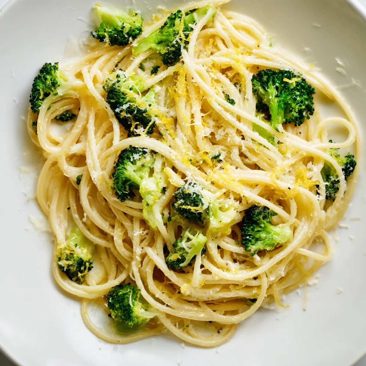 One-pot lemon broccoli pasta steams in a single pot, featuring bright lemon zest and tender broccoli florets in a silky sauce.  