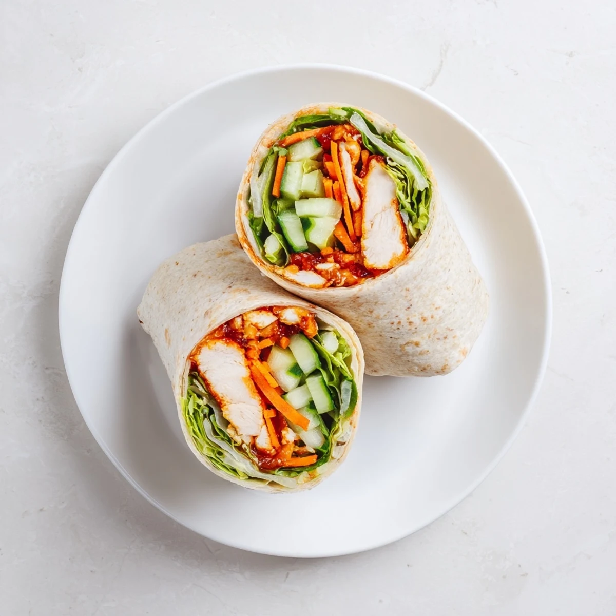 A close-up of the Honey Chili Crunch Chicken Wrap, showing juicy chicken and crisp vegetables wrapped in a soft tortilla, perfect for lunch.