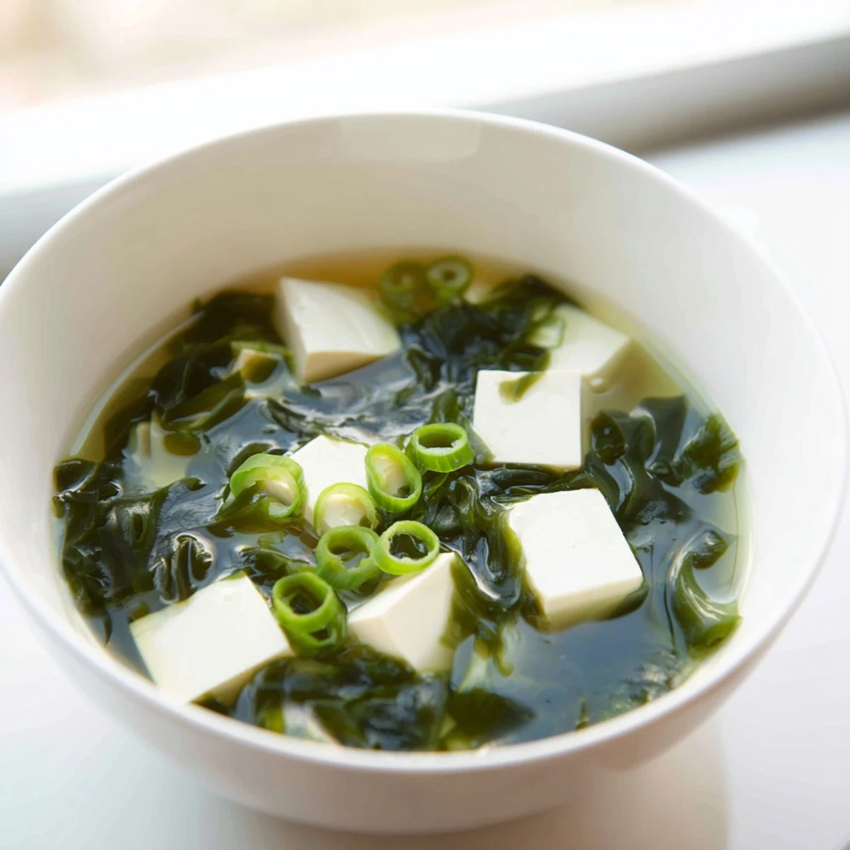Silken tofu cubes and tender wakame seaweed float in a clear, savory dashi broth, garnished with fresh scallions for this classic Japanese Wakame Soup.  