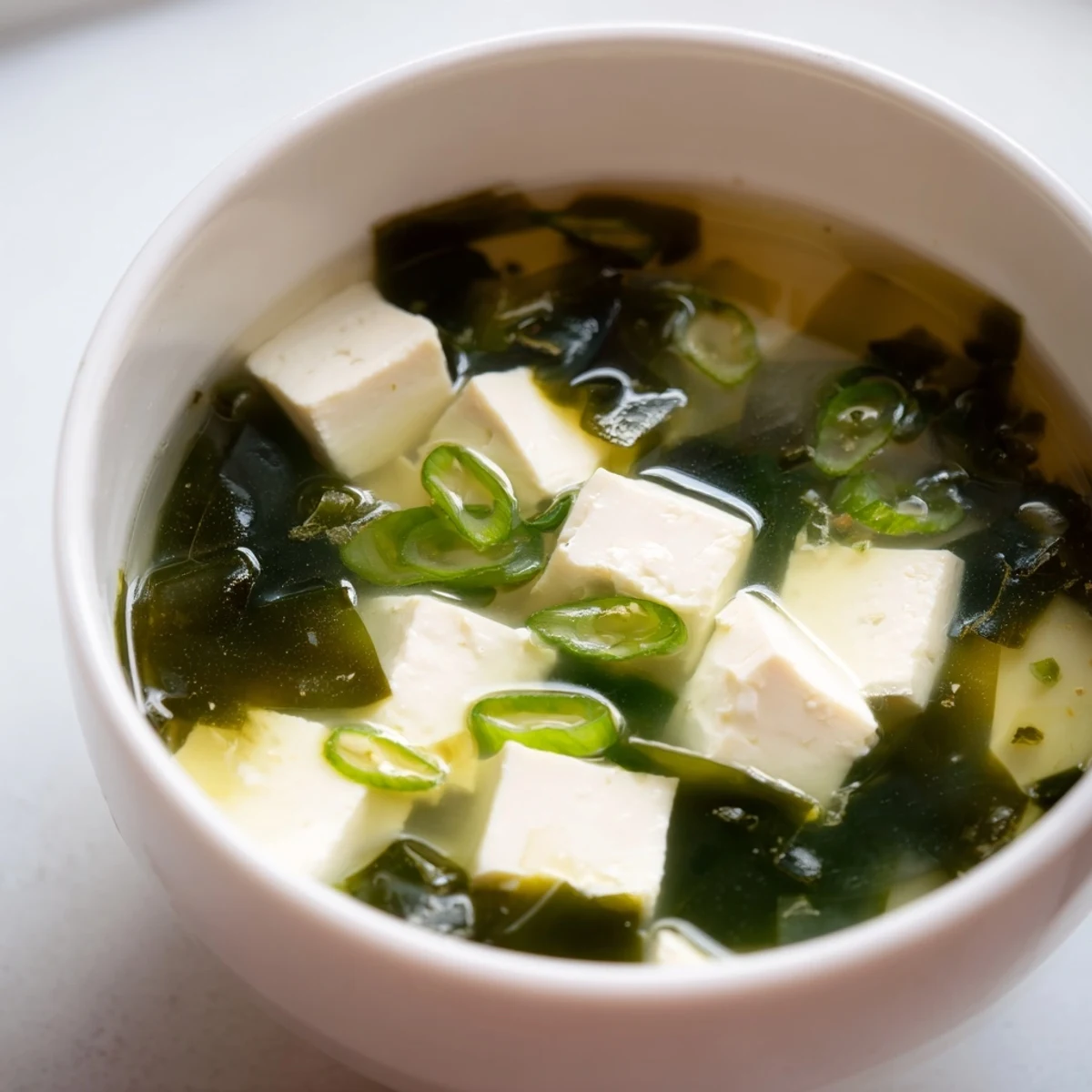 Close-up view of a nutritious Wakame Soup with vibrant green wakame and diced tofu in a golden dashi broth, ready to serve alongside steamed rice.